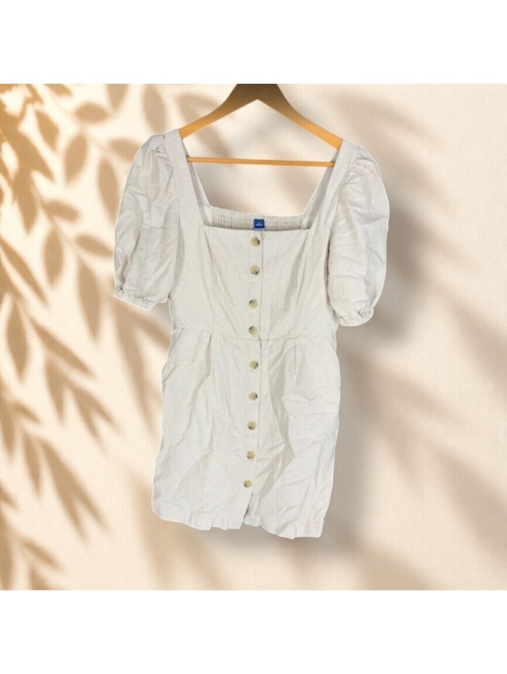 Old Navy Dress Women PS Petite Gray Shift Short Button Linen Square Neck Lined